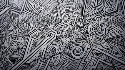 A hand-drawn illustration of intricate lines and patterns in black ink on white paper. The lines form abstract geometric shapes, spirals and random scribbles,