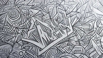 A hand-drawn illustration of intricate lines and patterns in black ink on white paper. The lines form abstract geometric shapes, spirals and random scribbles,