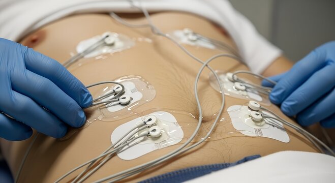Patient receiving ECG electrodes applied on abdomen in medical setting  