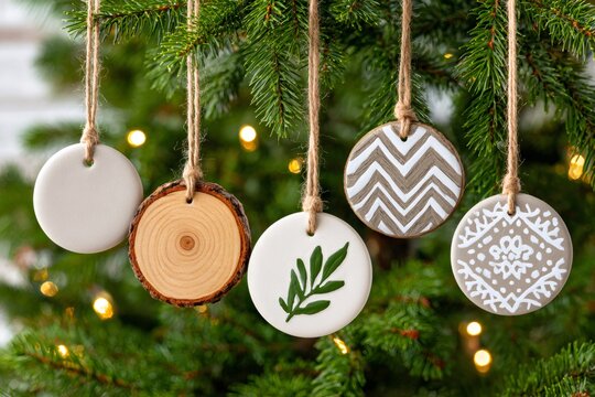 Beautiful handmade christmas ornaments hanging on christmas tree with lights - Powered by Adobe