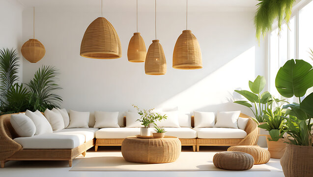 Serene Coastal Living Room:  Rattan Furniture,  Natural Light, Tropical Plants, and Woven Pendant Lamps.