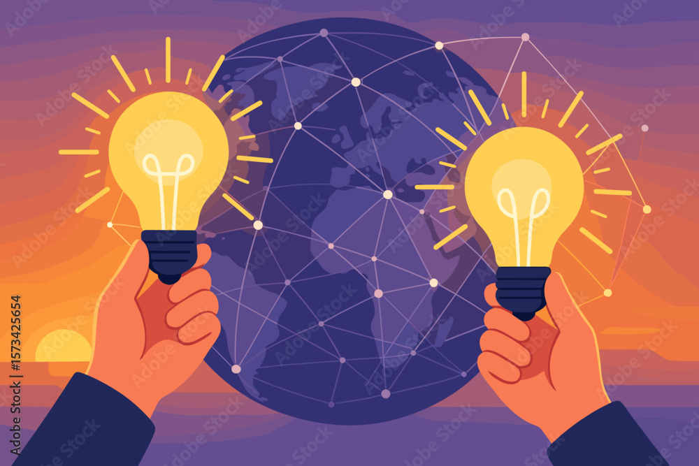 Poster global business idea, technology and science innovation. hands holding light bulbs. big idea and ins