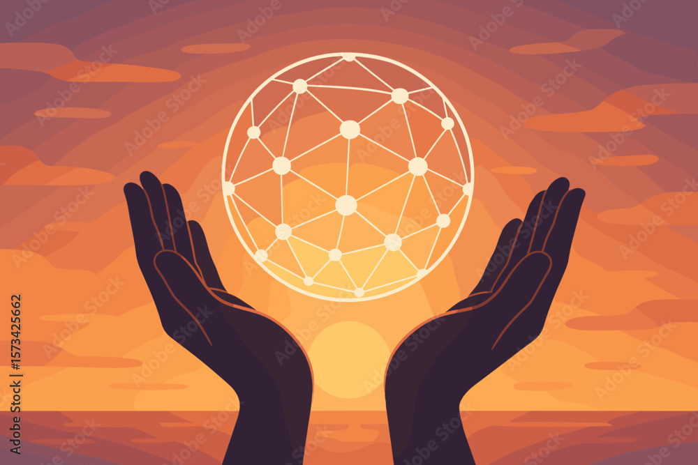 Poster global network in hands at sunset. abstract science and technology concept. communication, innovatio