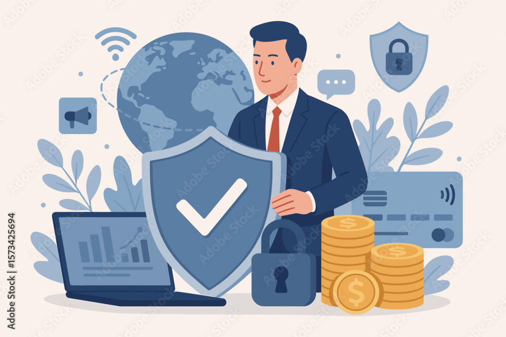 Poster business internet security and data privacy protection concept. man with shield for global network c