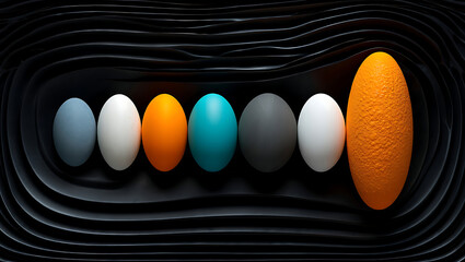 Abstract Colorful Eggs on Black Wavy Surface: Modern Minimalist Design Concept