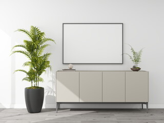 Horizontal frame mockup on a sideboard with an ornamental plant to the side. 3D rendering, interior design, 3D illustration