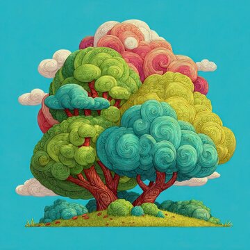 Whimsical Swirling Trees and Playful Clouds, Bright Cartoon Mobile App Icon for Magical Sensations Feature, Square Magic-Themed Art
