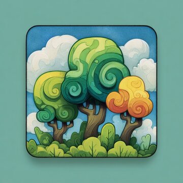Whimsical Swirling Trees and Playful Clouds, Bright Cartoon Mobile App Icon for Magical Sensations Feature, Square Magic-Themed Art