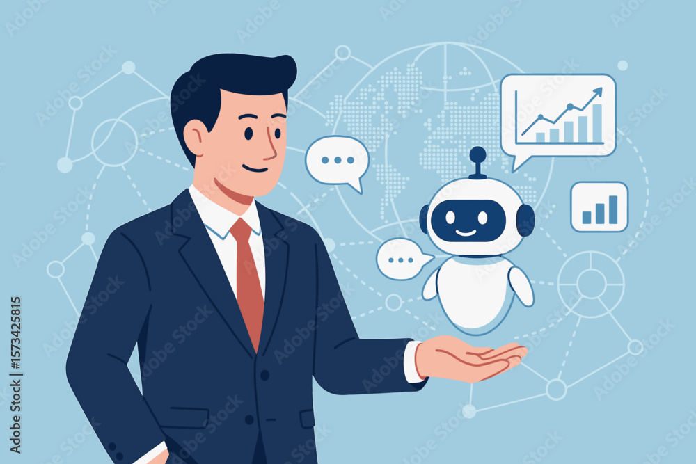 Poster businessman with ai chatbot assistant for business growth. access to data, online network, global co