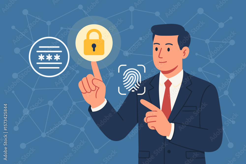 Aufkleber cybersecurity concept. businessman touching padlock for data encryption. biometric fingerprint scan 