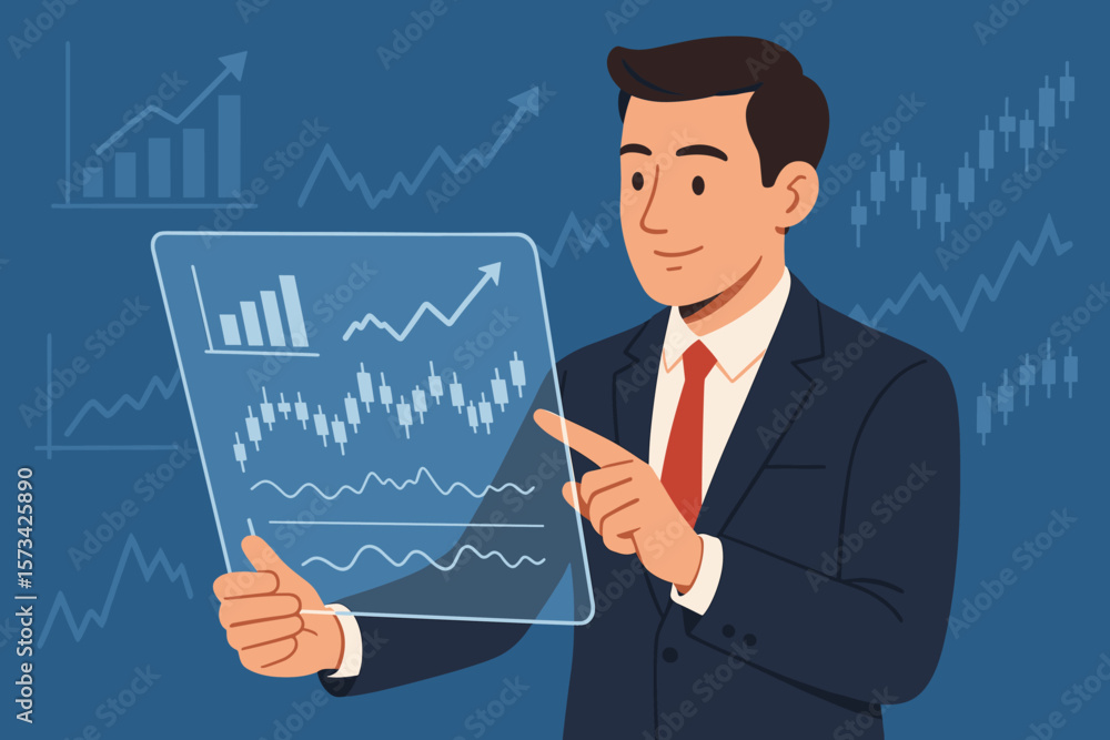 Aufkleber businessman analyzing stock market data on a virtual screen. trader using futuristic fintech for fin