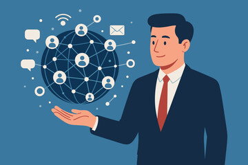 Businessman holding global network structure for data exchange and customer connection. Digital marketing, social media, and communication concept. Internet technology vector.