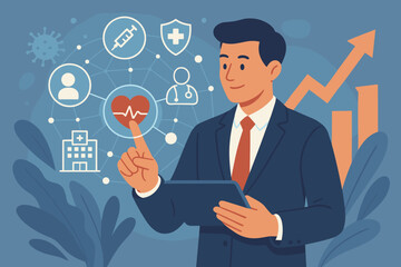 Businessman managing virtual medical network on tablet. Healthcare business technology, telemedicine, hospital growth. Health insurance, patient data analysis, medtech concept.