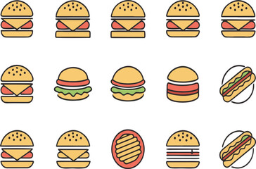 Vector illustration of various burgers and hot dogs in colorful flat design style