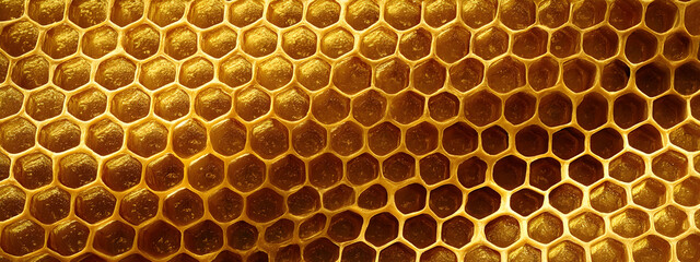 Close-up macro view of a golden honeycomb showcasing natural hexagonal patterns   -