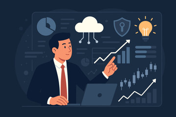 Businessman working on financial trading and digital marketing. Cloud computing on modern virtual interface. Cybersecurity, innovation, technology, data analysis, stock growth.