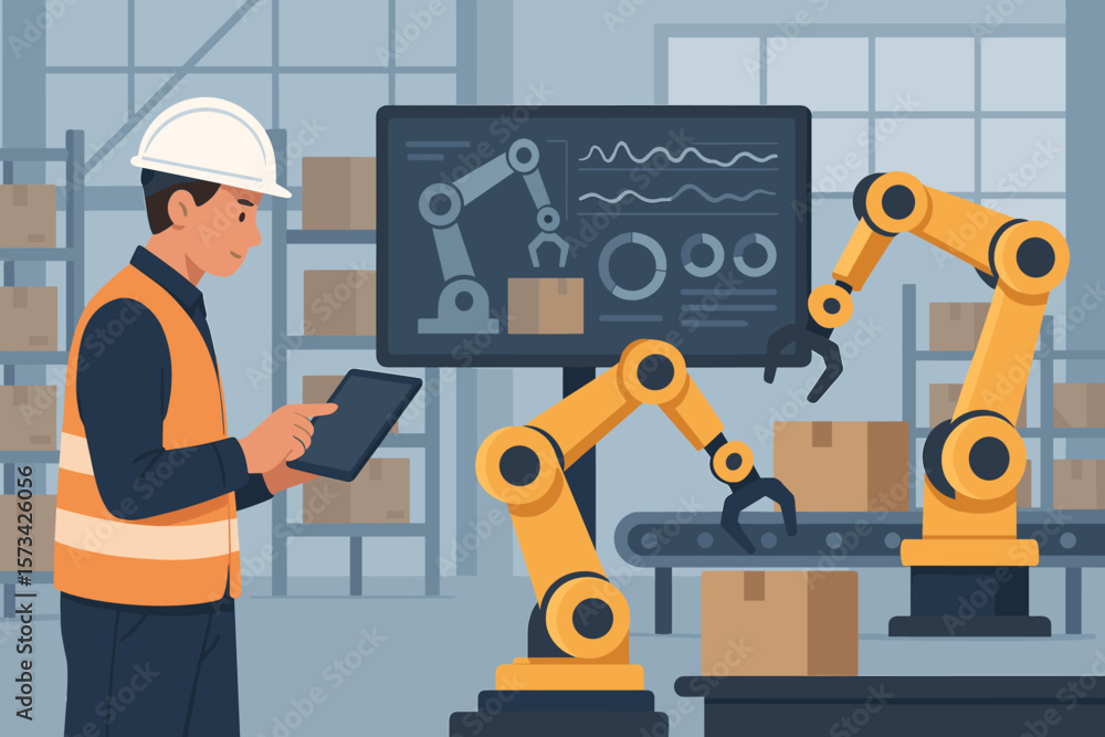 Poster engineer operating industrial automation robots in modern warehouse with real-time monitoring, robot