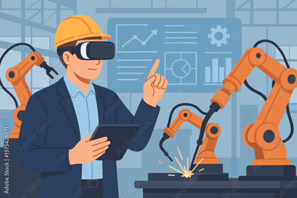 Poster industrial engineer manager using virtual reality for automation control, supervising welding robot 