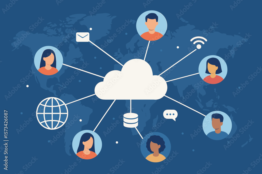 Poster cloud computing global network, data connection, social network communication, internet technology, 