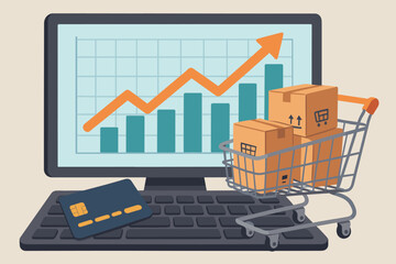 E-commerce Growth Concept. Online Shopping Cart with Cardboard Boxes, Credit Card on Keyboard, Sales Data, Upward Economic Graph on Computer Screen, Digital Retail, Internet Payment, Business Success