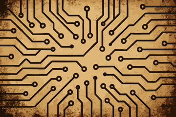 Vintage Circuit Board Pattern. Grunge Technology Background. Abstract Electronic Network. Retro PCB Traces. Steampunk Tech Design. Digital Data Flow. Sci-fi Connection. Techno Art. No Text.