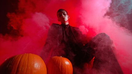 Young man with pumpkins in red Halloween smoke