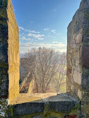 View of fortress wall and bare tree through stone battlement