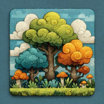 Whimsical Swirling Trees and Playful Clouds, Bright Cartoon Mobile App Icon for Magical Sensations Feature, Square Magic-Themed Art