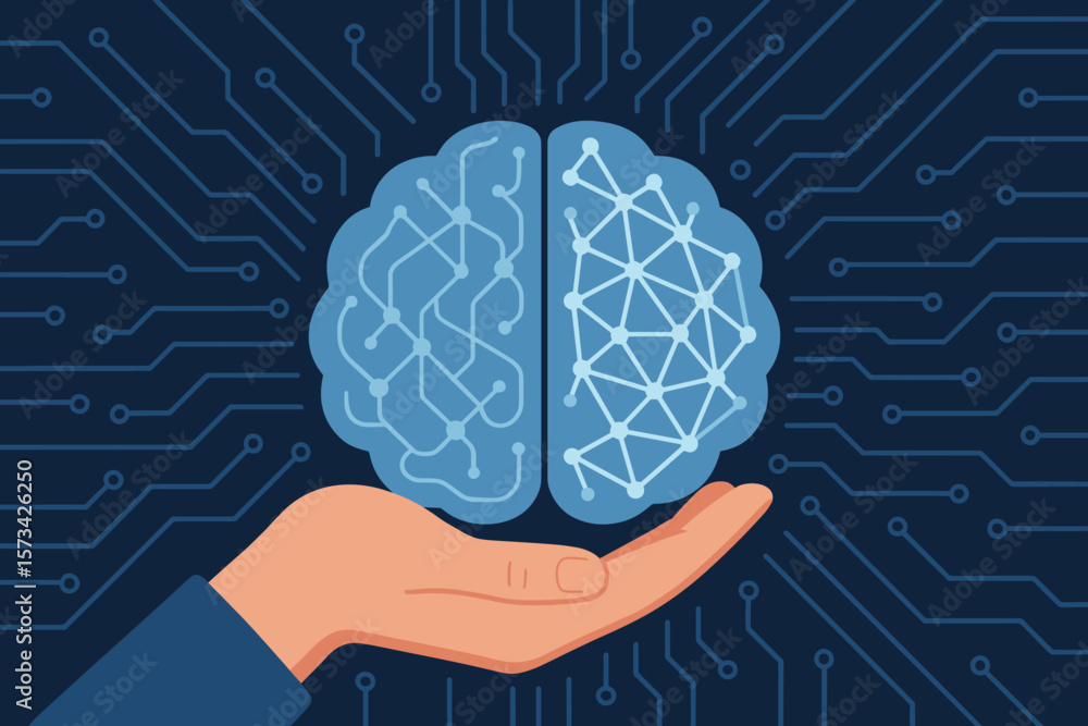 Poster artificial intelligence neural network brain, hand holding, machine learning, data processing, circu
