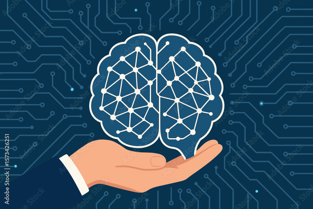 Aufkleber artificial intelligence neural network brain in human hand, machine learning, data analysis, big dat