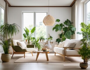 Fototapeta premium bright and airy living room with plants and minimalist furniture in modern interior design
