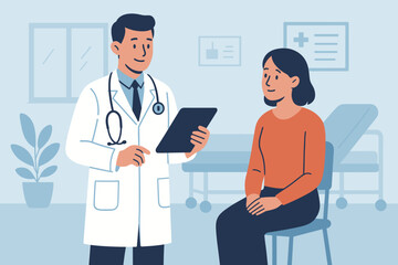 Doctor Consultation in Hospital Office. Medical Checkup, Patient Waiting for Examination, Healthcare Professional with Stethoscope and Tablet, Modern Flat Vector Illustration, Clinical Visit Concept
