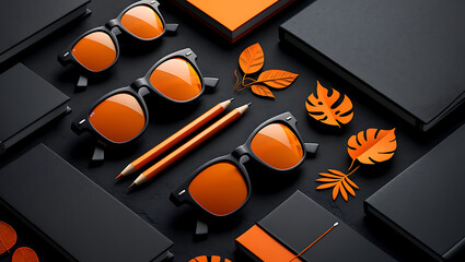 Stylish Orange Sunglasses, Black Notebooks, Pencils, and Autumn Leaves Flatlay