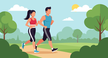 Adobe Illustrator artwork flat style illustration of a couple running together on a scenic park path, surrounded by lush trees and a clear sky, promoting health and wellness