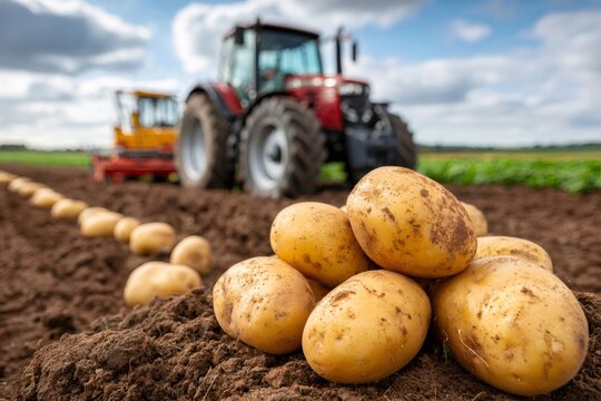 Farmer harvesting potatoes with tractor in cultivated field - Powered by Adobe