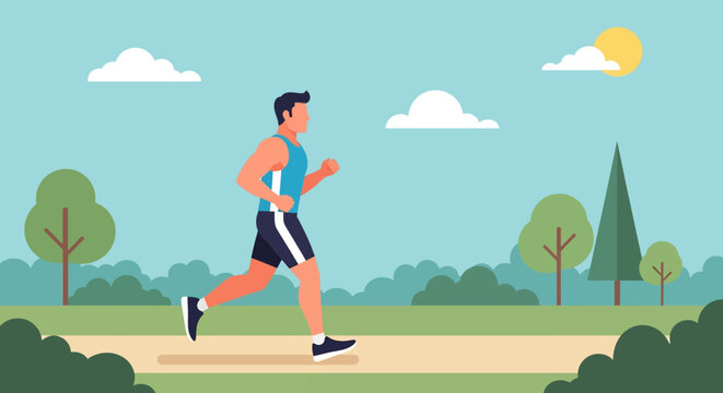 Adobe Illustrator artwork flat style illustration of a man running through a lush park with trees under a sunny, partly cloudy sky, promoting outdoor fitness