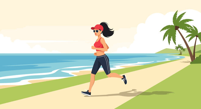Adobe Illustrator artwork flat style illustration of a woman running along a scenic beach path with palm trees and ocean waves, ideal for active lifestyle themes