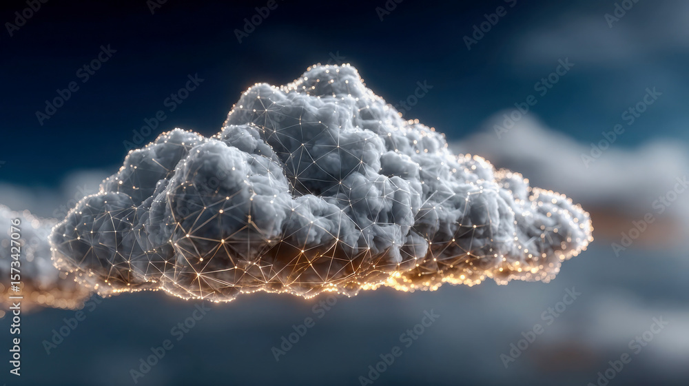 Poster futuristic digital cloud with glowing interconnected nodes, representing cloud computing, data stora