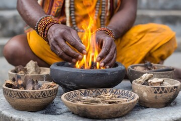 Indian shaman performing traditional ritual with fire and herbs