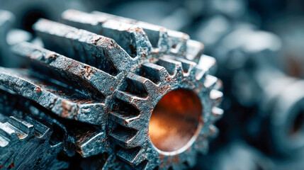Macro shot of interlocking metal gears with glowing orange light, representing precision, engineering, and industrial machinery