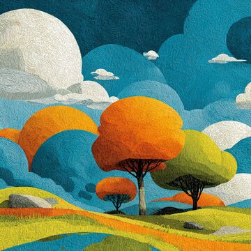 Whimsical Swirling Trees and Playful Clouds, Bright Cartoon Mobile App Icon for Magical Sensations Feature, Square Magic-Themed Art