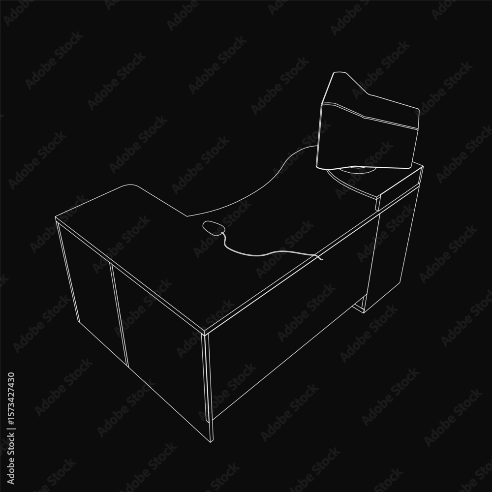 Poster a retro computer sits on a minimalist black and white line drawing of a desk, featuring clean lines 