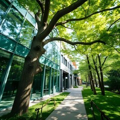 Sustainable glass office building with tree
