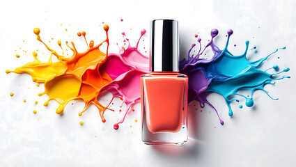 Vibrant Nail Polish Bottle with Colorful Paint Splatter:  Trendy Cosmetic Product Shot