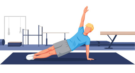 
Adobe Illustrator artwork flat style illustration of a male gymnast performing a side plank with one arm raised on a mat in a gym, demonstrating core strength and balance