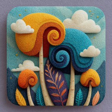 Whimsical Swirling Trees and Playful Clouds, Bright Cartoon Mobile App Icon for Magical Sensations Feature, Square Magic-Themed Art