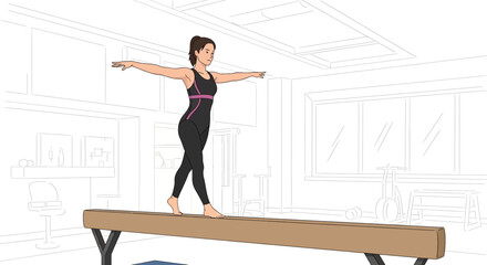 Adobe Illustrator artwork flat style illustration of a poised female gymnast balancing on a beam in a gym, demonstrating focus and exceptional balance