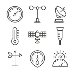 Fototapeta premium Weather Instrument Icons. Outline style icons of Weather Instruments: barometer icon, anemometer outline, weather radar,