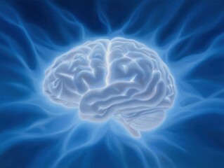 Abstract representation of a peaceful mind, glowing brain surrounded by calm energy patterns. Mindfulness, clarity. Blue and white tones.