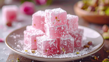 Turkish delight, soft chewy cubes of sugar-dusted confection flavored with rosewater or pistachio.